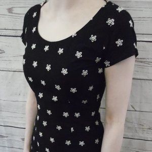 Black Long Flower Embroidered Print Dress Scoop